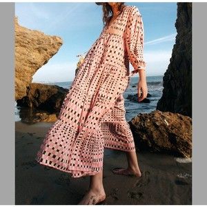 Gimaguas Dress Women Small Pink Oahu Maxi Tiered Checker Pattern Boho Relaxed